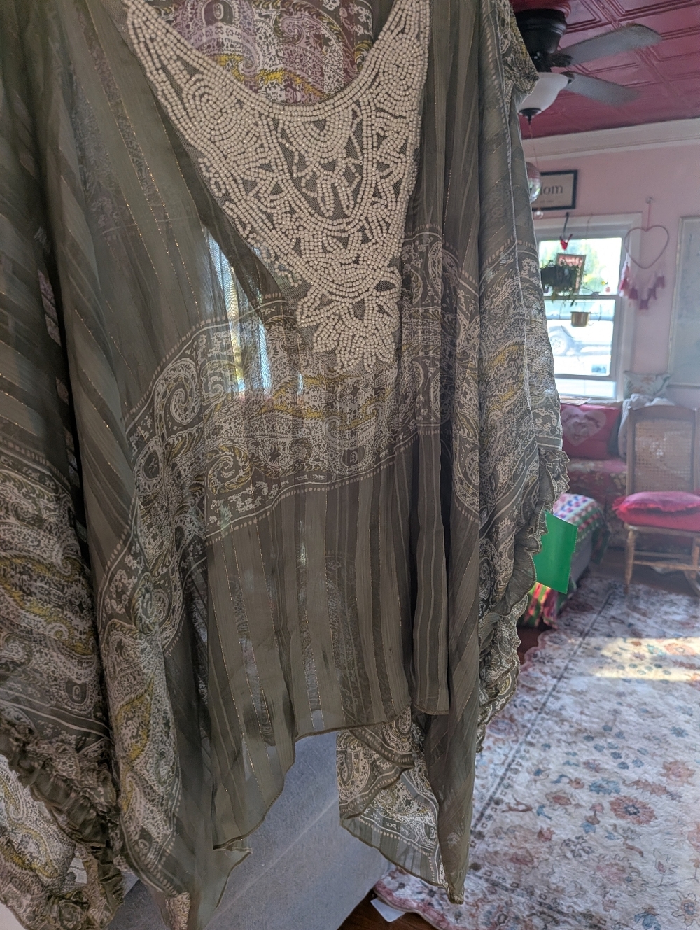My Story Olive and Pink Paisley Trim Sheer Tunic